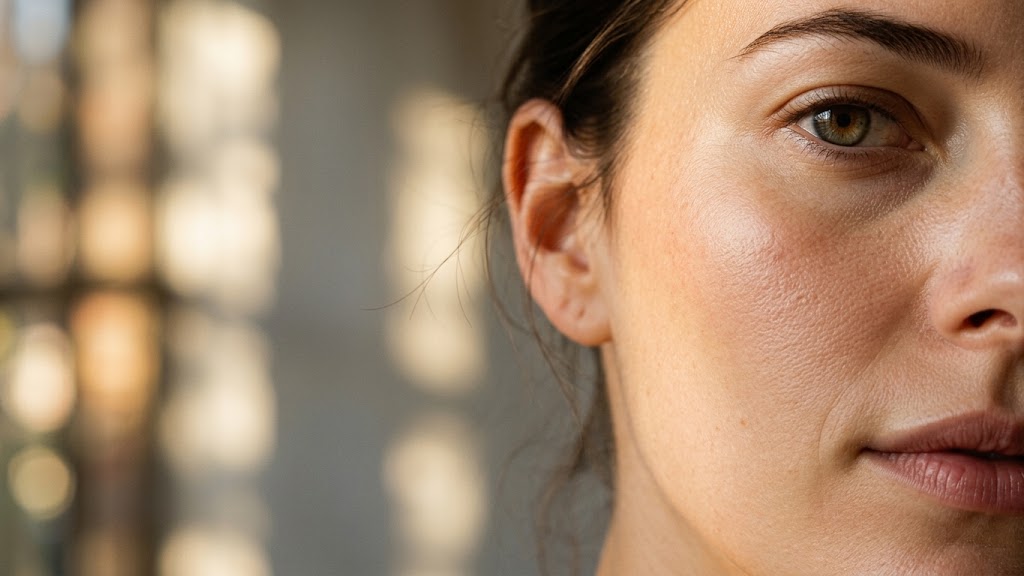 Close-up editorial portrait of a woman with glowing, hydrated skin in soft natural light, eyes closed in serene expression